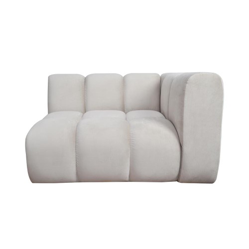 Sofa modułowa Ramona, prawy element 114x89x70 cm, jasnobeżowa, welurowa tkanina z poziomymi przeszyciami, zaokrąglone krawędzie, widoczne systemy mocowania modułów. Ujęcie frontalne.