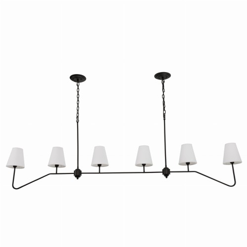 Lampa sufitowa wisząca Agello XL w kolorze czarnym o wymiarach 100x180 cm, z sześcioma kloszami w białym kolorze. Produkt zdjęty z góry, zawieszony na łańcuchu. Prosta forma, idealna do nowoczesnych wnętrz. Tło białe, minimalistyczne.