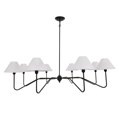 Duży czarny żyrandol Agello, średnica 115 cm, 6 białych stożkowych abażurów z matowego materiału, metalowa, prosta struktura, zawieszony na cienkim metalowym łańcuchu, frontalne ujęcie.
