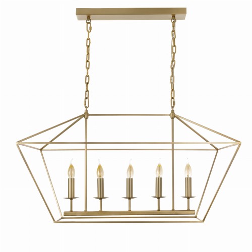 Lampa wisząca Lindby L w złotym kolorze, metalowa konstrukcja w kształcie diamentu, 5 miejsc na żarówki w kompaktowej podstawie, zawieszona na łańcuchu. Idealna do nowoczesnych wnętrz.