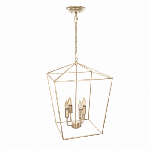 Stylowa lampa sufitowa Geen M w odcieniu złotym. Metalowa konstrukcja o geometrycznym kształcie z pięcioma osłonami na żarówki, wisząca na łańcuchu. Tło jednolite białe, co podkreśla jej elegancki design.