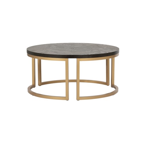 Stolik Kawowy Seville 90x90x40cm o okrągłym, czarnym blacie z fakturą drewna, osadzony na złotej metalowej podstawie. Ujęcie frontalne, produkt w pozycji stojącej, na jednolitym białym tle.