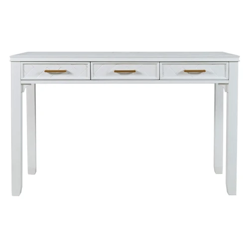Stylowe biurko Avola w kolorze białym z wzorem w jodełkę, o wymiarach 122x46x76 cm, z trzema szufladami z metalowymi uchwytami, prezentowane frontalnie na jednolitym tle. Kluczowe detale to faktura jodełki oraz minimalistyczny design.