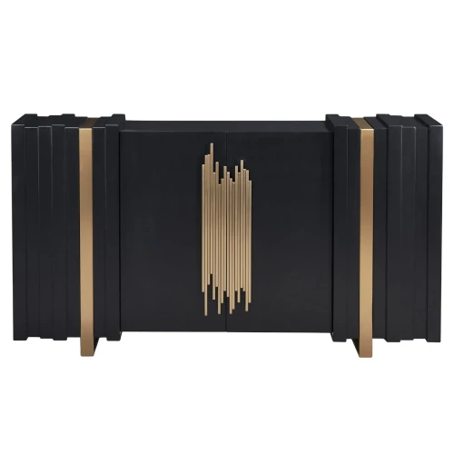Komoda Stilig Czarna Złota o wymiarach 160x40x90 cm, z frontem w kolorze czarnym, ozdobiona metalowymi złotymi detalami w formie poziomych linii. Ujęcie frontalne, mebel stojący, z dwiema zamkniętymi szafkami. Proste tło.