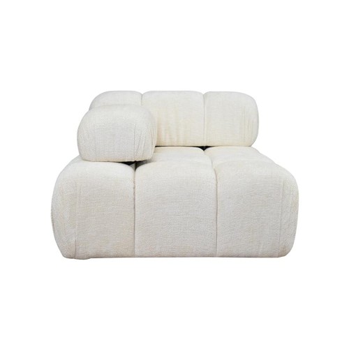 Modułowa sofa Loren, prosty element lewy, w kolorze jasnym, o wymiarach 89x96x70 cm. Ujęcie frontalne, z charakterystycznymi, zaokrąglonymi poduszkami. Tekstura materiału miękka, bez wyraźnych wzorów. Sofa leży płasko, na białym tle.