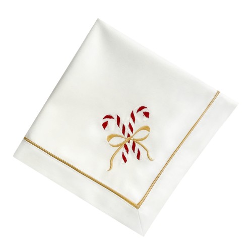 Personalizowana serwetka 40x40 cm, wykonana z białego materiału, z haftem w kształcie dwóch cukrowych lasek w czerwono-białe paski, ozdobionych złotą wstążką. Serwetka złożona, z widoczną złotą lamówką.