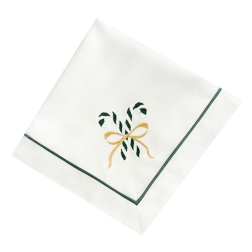 Personalizowana serwetka haftowana w kształcie cukrowej laski z zielonymi i białymi wzorami, z żółtą kokardą, rozmiar 40x40 cm, leżąca na białym tle, z widoczną kontrastującą zieloną lamówką.