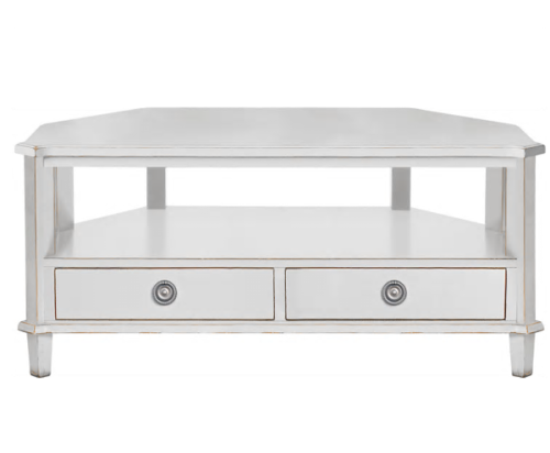 Stolik RTV Henshaw Laura Ashley w jasnoszarym kolorze, o wymiarach 110x45x50 cm. Posiada dwie szuflady z okrągłymi uchwytami oraz otwartą półkę. Konstrukcja drewniana, z delikatnymi detalami. Ujęcie frontalne, na białym tle.