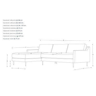 Elegancki Narożnik Elixir w Stylu Skandynawskim 260x90-157x88cm - Opcje Wyboru Tkaniny 4