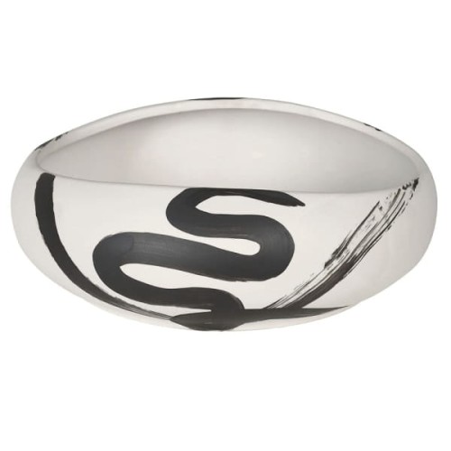 Osłonka Bilbaoo o wysokości 9 cm, wykonana z metalu, z eleganckim, błyszczącym wykończeniem. Przedmiot o owalnym kształcie, z widocznym czarnym wzorem w formie linii przypominającej węża. Ułożony poziomo, na jednolitym tle.