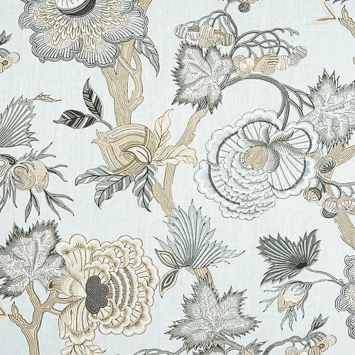 Tapeta Thibaut Anna French INDIENNE JACOBEAN w szaro-beżowych tonach z delikatnym kwiatowo-roślinnym wzorem na jednolitym tle, z detalami faktury i różnorodnością linii roślin.