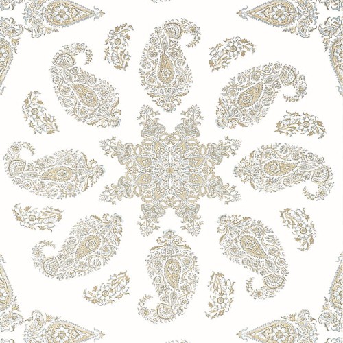 Tapeta Thibaut Anna French EAST INDIA w kolorze beżowym, z delikatnym, wzorzystym nadrukiem w kształcie paisley i kwiatów. Układ wzoru jest symetryczny, na białym tle, w zbliżeniu, pokazując detale i teksturę. Idealna do eleganckiego wnętrza.
