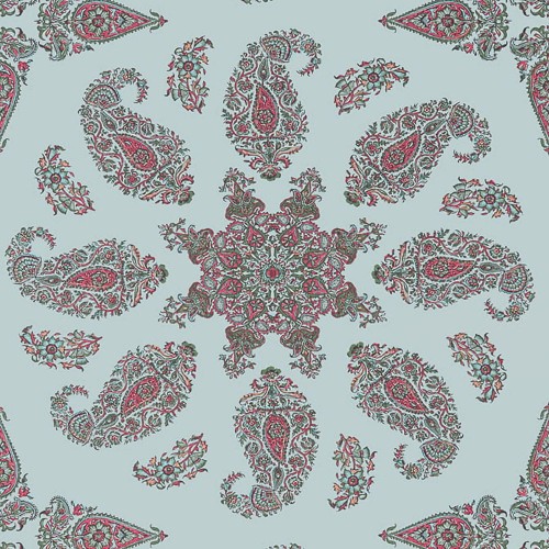 Tapeta Thibaut Anna French EAST INDIA w różowo-turkusowym paisley na jasnoniebieskim tle z roślinnymi i geometrycznymi zdobieniami, idealna do dekoracji wnętrz.
