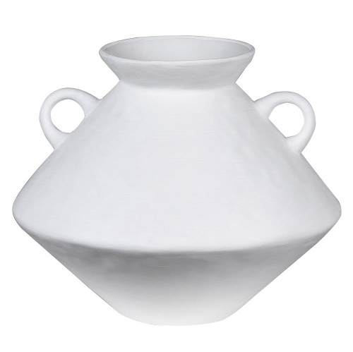 Biały wazon Bulbous, wys. 24 cm, o stożkowatym kształcie z dwoma uchwytami. Front na jednolitym tle, podkreślający ceramiczną fakturę. Minimalistyczny design idealny do stylowych wnętrz.