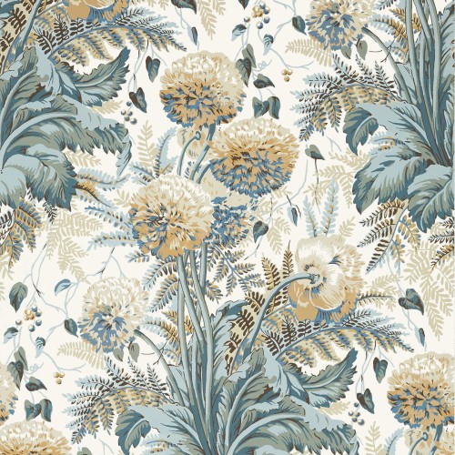 Tapeta Thibaut Anna French DAHLIA w odcieniach kremowego i złotego z florystycznym wzorem. Widoczne szczegóły to duże, okrągłe kwiaty oraz liście na jasnym tle. Ujęcie z przodu, pokazujące cały wzór, bez dodatkowych elementów.