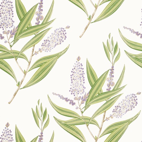 Tapeta Thibaut Anna French WINTER BUD w odcieniach fioletu i zieleni. Wzór przedstawia delikatne gałązki z fioletowymi kwiatami i zielonymi liśćmi na jasnym tle. Ujęcie jest frontalne, ukazujące pełną strukturę i detale wzoru.