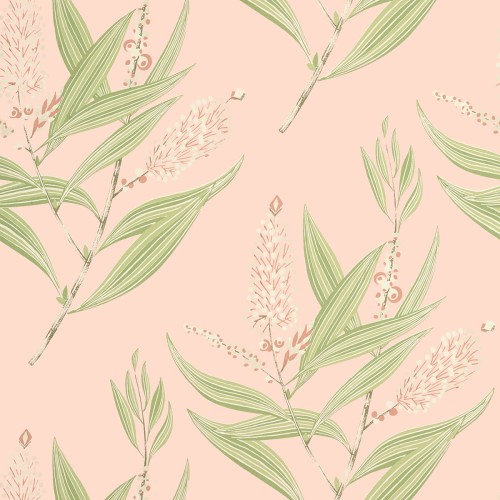 Tapeta Thibaut Anna French WINTER BUD w odcieniach różu i zieleni. Wzór przedstawia delikatne liście oraz kwiaty na pastelowym tle. Frontalne ujęcie tapety, prezentowane w rozłożonej formie, podkreśla jej teksturę i szczegóły wzoru.