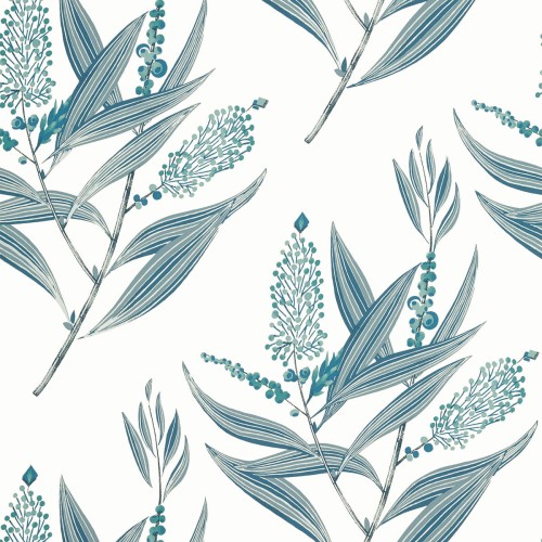 Tapeta Thibaut Anna French WINTER BUD w niebiesko-białym wzorze roślinnym z liśćmi i kwiatami, z detalami cienkich linii i okrągłych kształtów, na jednolitym tle, idealna do dekoracji wnętrz.