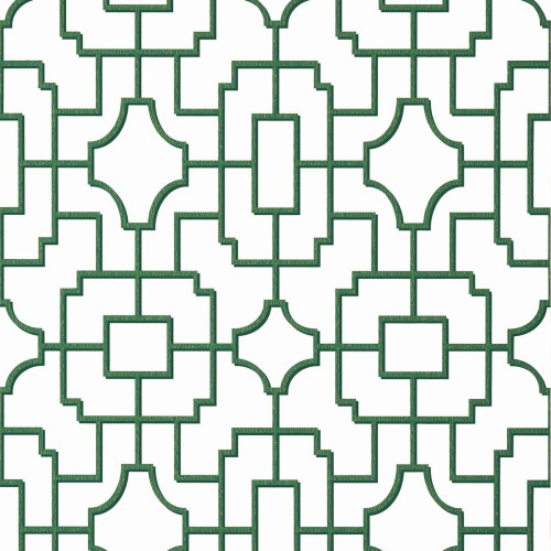 Tapeta Thibaut Anna French FRETWORK w kolorze zielonym, z geometrycznym wzorem na białym tle. Produkt ma matową fakturę i jest ukazany na płasko, zbliżenie na szczegóły wzoru. Idealna do stylizacji wnętrz.