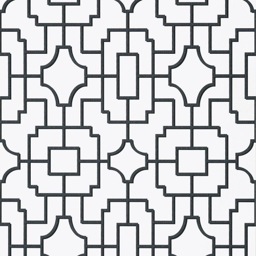Tapeta Thibaut Anna French FRETWORK w kolorze czarnym z wzorem geometrycznym na białym tle. Frontalne ujęcie, ukazujące detale wzoru. Wysoka jakość, idealna do aranżacji wnętrz.