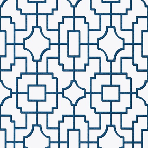 Tapeta Thibaut Anna French FRETWORK w kolorze granatowym, z widocznym, geometrycznym wzorem w kształcie prostokątów i zaokrąglonych krawędzi na jasnym tle. Wzór jest dokładnie wyeksponowany, co podkreśla teksturę materiału.