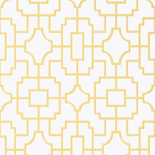 Tapeta Thibaut Anna French FRETWORK w żółtym kolorze z geometrycznym wzorem na białym tle. Widoczny szczegółowy, symetryczny motyw z prostokątami i łukami. Idealna do eleganckich wnętrz, w aranżacji ściennej.