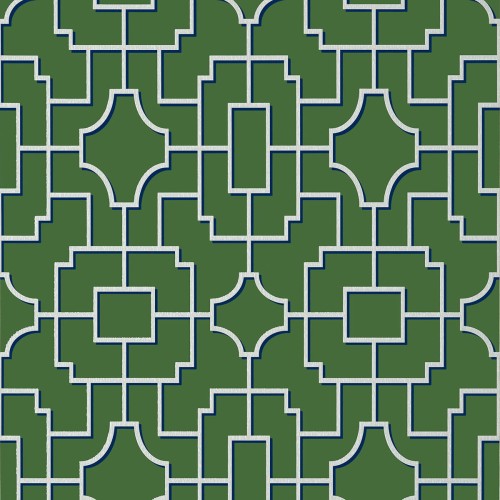 Tapeta Thibaut Anna French FRETWORK w kolorze szmaragdowym z geometrycznym wzorem w. Dominuje faktura matowa z kontrastującymi białymi liniami. Zbliżenie na jednolity motyw zdobniczy z wyrazistymi kształtami o różnorodnych proporcjach.
