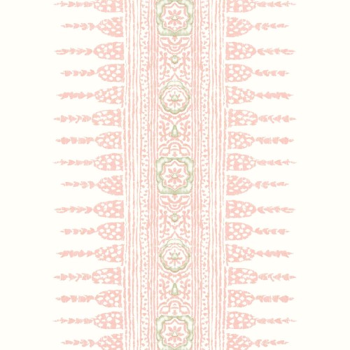 Tapeta Thibaut Anna French JAVANESE STRIPE w odcieniach różowym i białym, z dekoracyjnym wzorem wzdłuż pionowych pasów. Ujęcie frontalne, pokazujące teksturę i detale wzoru na jednolitym tle. Idealna do aranżacji wnętrz.