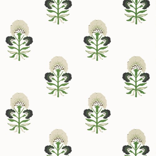 Tapeta Thibaut Anna French TYBEE BUD w kolorach czarnym, zielonym i kremowym. Wzór przedstawia stylizowane kwiaty na jasnym tle. Produkt prezentowany frontalnie, z wyraźnymi detalami roślinnymi i symetrycznym układem elementów.