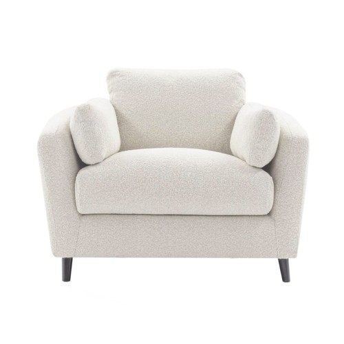 Designerski fotel Oslo w jasnym odcieniu tkaniny o textured powierzchni, z dwiema okrągłymi poduszkami. Ujęcie frontalne, produkt stojący na ciemnych nogach. Prosta, nowoczesna forma idealna do aranżacji wnętrz.