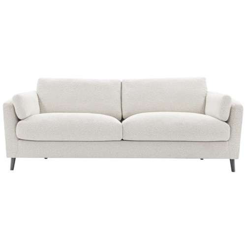 3,5-osobowa sofa Oslo w kolorze jasnym, z tapicerką o fakturze przypominającej wełnę, z prostymi podłokietnikami i szerokimi siedziskami. Ujęcie frontalne, sofa stoi na czterech metalowych nóżkach. Nowoczesny design, odpowiednia do salonu.