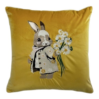 Poduszka Haftowana Dekoracyjna Zajączek ze Stokrotkami - Różne Kolory Tkanin