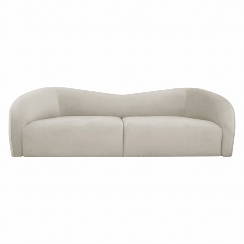 Nowoczesna sofa Vandome w jasnoszarej, miękkiej tapicerce. Wymiary 197x90x75 cm, zaokrąglone oparcia, wygodne podparcie. Ujęcie frontalne na białym tle, bez dodatków.