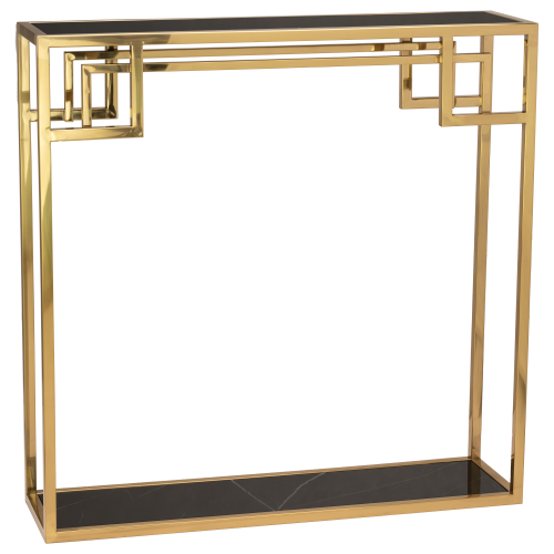 Stylowa konsola Luna w kolorze złotym o wymiarach 90x25x90 cm, z geometrycznym wzorem na górnej krawędzi i czarnym, gładkim blatem. Produkt stoi na czterech prostych nogach, prezentując nowoczesny design w eleganckim stylu.
