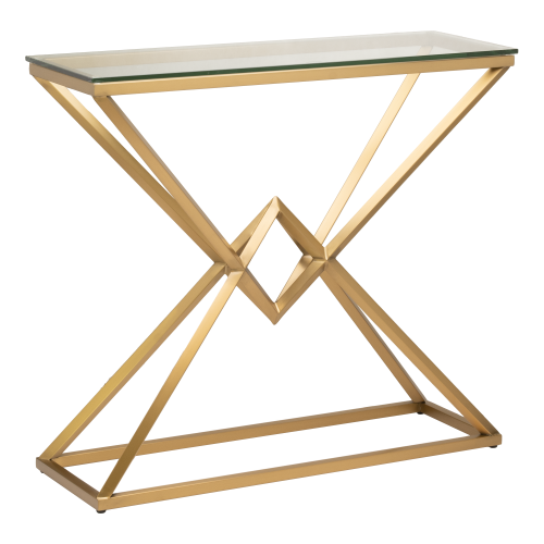 Stylowa konsola Calda z przezroczystym szklanym blatem i metalową, matową podstawą w kolorze mosiądzu. Ustawiona w pozycji stojącej, z widocznymi geometrycznymi kształtami. Wyraźne detale w konstrukcji z krzyżującymi się liniami.