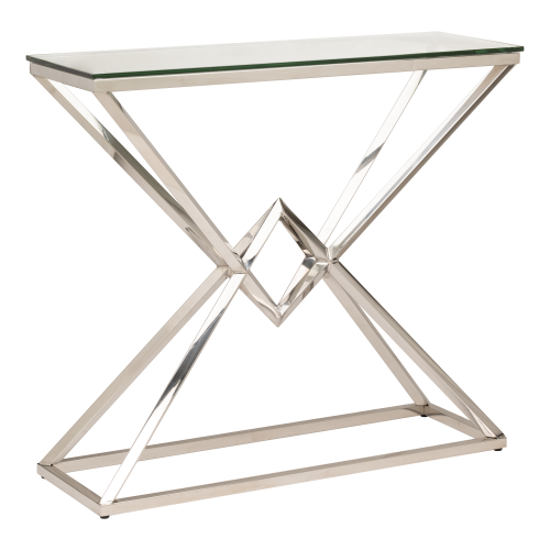 Designerska kompaktowa konsola Calda w kolorze chromowanym, o wymiarach 90x30x60 cm, z przezroczystym szklanym blatem. Ujęcie z boku, ukazujące nowoczesną, geometryczną podstawę w kształcie litery X. Prosty czarny lub jasny kolor tła.