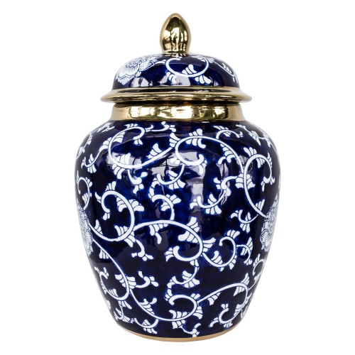 Ceramiczna waza amfora Florilla o wysokości 32 cm, granatowo-biała, z eleganckim złotym wykończeniem na pokrywie. Wzór dekoracyjny z białymi motywami florystycznymi na granatowym tle. Ujęcie frontalne, stojąca na jednolitym tle.