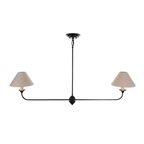 Czarna lampa sufitowa farmhouse o szerokości 120 cm z dwoma beżowymi stożkowymi kloszami, wisząca na cienkim metalowym przewodzie, idealna do wnętrz rustic i skandynawskich.