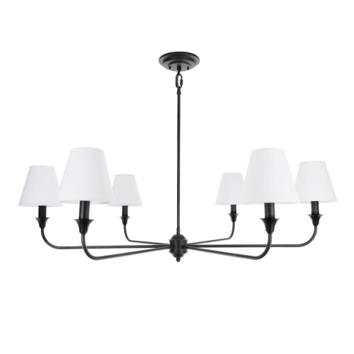 Żyrandol Cheel, czarny, średnica 90 cm, z sześcioma białymi kloszami w kształcie stożków. Produkt wiszący, pokazany z góry, z eleganckim metalowym wykończeniem i cienkimi ramionami. Tło białe, co podkreśla prosty, nowoczesny design.
