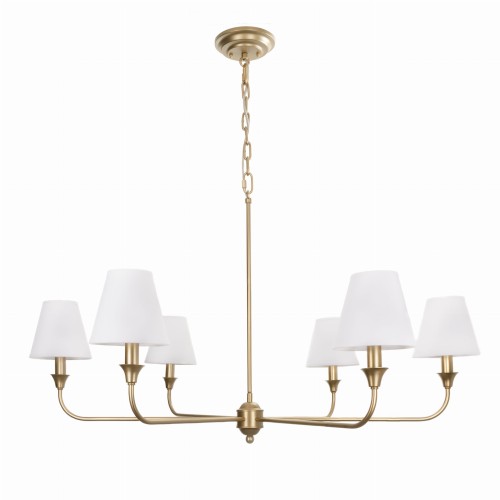 Żyrandol Cheel w kolorze złotym, średnica 90 cm, z sześcioma białymi kloszami w kształcie stożków. Produkt wiszący, prezentowany z dołu. Wykonanie metalowe, z wyraźnymi detalami łączeń. Na prostym białym tle, co podkreśla jego formę.