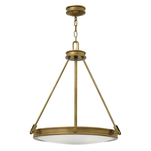 Lampa wisząca Aurea w kolorze stary mosiądz z okrągłym, matowym kloszem. Ujęcie frontalne, produkt montowany na suficie, z widoczną łańcuchem. Prosta konstrukcja z metalowymi elementami, odpowiednia do nowoczesnych wnętrz.