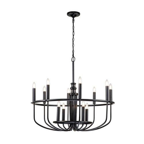 Klasyczny żyrandol Sorrento w czarnym kolorze z metalową konstrukcją, wiszący na łańcuchu. Osiem lamp w kształcie świec z przezroczystymi żarówkami umieszczone w okrągłej formie. Tło białe, co podkreśla elegancki design.