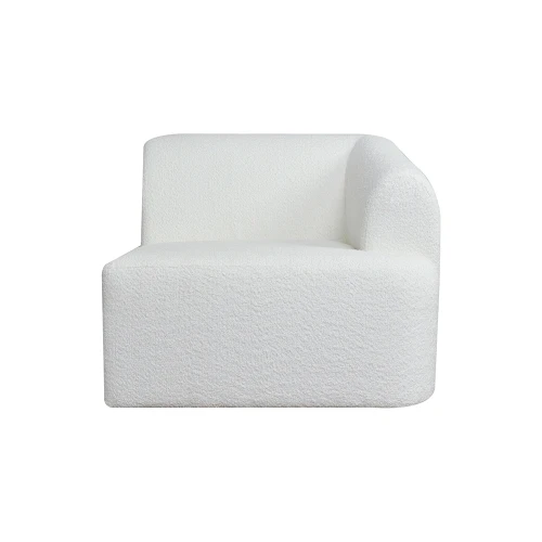 Elegancka sofa modułowa Laris, element prosty prawy, w kolorze białym, z miękką, teksturowaną tapicerką. Ujęcie frontalne, produkt leżący na płaskiej powierzchni. Kształt prostokątny z wyprofilowanym boczkiem. Idealna do aranżacji wnętrz.
