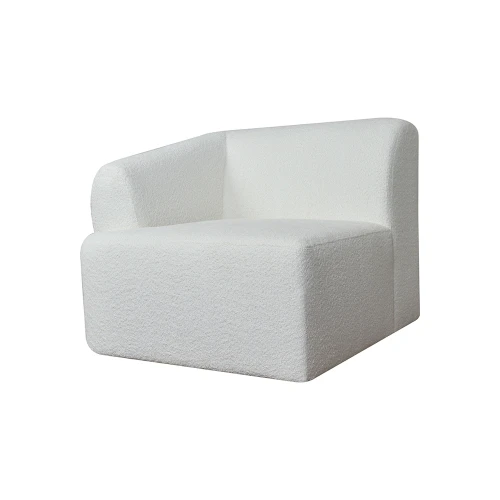 Elegancka, modułowa sofa w białym kolorze. Element prosty lewy z zaokrąglonymi krawędziami, tapicerowany fakturowanym materiałem. Ujęcie frontalne, produkt leżący na prostym tle, bez dodatkowych akcesoriów.