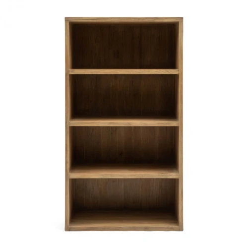 Modułowy regał Del Rey Riviera Maison z naturalnego drewna, 4 otwarte półki, prosty pionowy kształt. Wymiary 80x42x145 cm, białe tło podkreśla produkt, pasuje do różnych wnętrz.