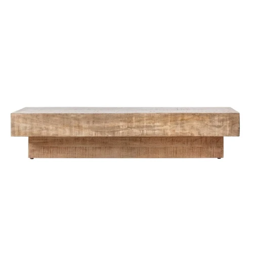 Nowoczesny stolik kawowy Detroit, prostokątny blat z jasnobeżowego drewna, minimalistyczny design z zaokrąglonymi krawędziami, solidna podstawa, wymiary 150x60x30 cm, na białym tle.