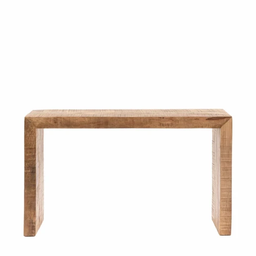 Nowoczesna konsola Detroit 140x35x80 cm, wykonana z drewna, w naturalnym odcieniu. Mebel ma prostokątny kształt, z minimalistycznym designem. Widok frontalny, konsola stoi na czterech mocnych nogach, bez dodatkowych dekoracji, na białym tle.