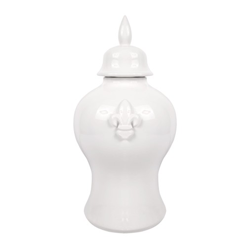 Waza ceramiczna w kolorze białym o wysokości 41 cm, z zakrzywionym kształtem i dekoracyjnym wzorem w formie kwiatu lilii na froncie. Produkt ma dopasowaną pokrywkę z charakterystycznym, spiczastym zakończeniem. Wykonana z gładkiej ceramiki.