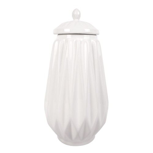 Waza Amfora ceramiczna, biała, wysokość 41 cm, z dekoracyjnym, teksturowanym wzorem w formie żebrowania. Ujęcie frontalne, produkt stoi na białym tle. Pokrywa ozdobna na górze z wypukłym uchwytem. Brak widocznych napisów lub logo.
