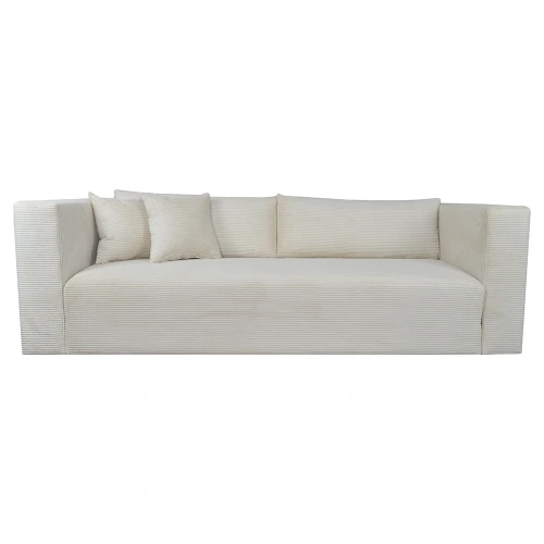 Designerka sofa Michigan z funkcją spania, w jasnym odcieniu beżu, z prostymi liniami i dodatkową poduszką w zestawie. Ujęcie frontalne, prezentujące rozłożony mebel z wygodnym siedziskiem i tylnymi poduszkami. Wymiary: 240x100x85 cm.